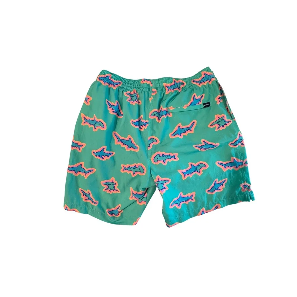 Chubbies Mens Swim Trunks Teal Green Shark Print 7 Inch Inseam Shorts Large